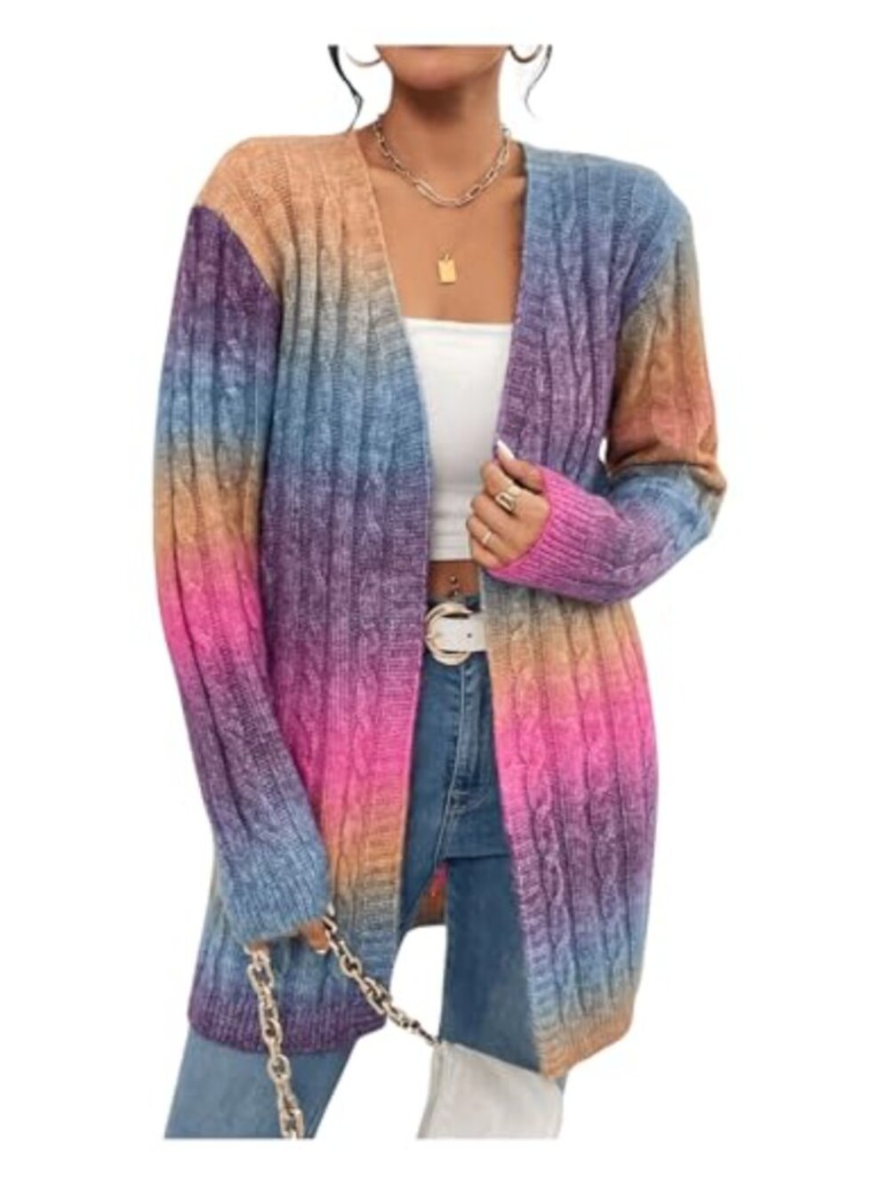 Women's Ombre Cable Knit Cardigan Sweater Long Sleeve Open Front Loose Fit Fall